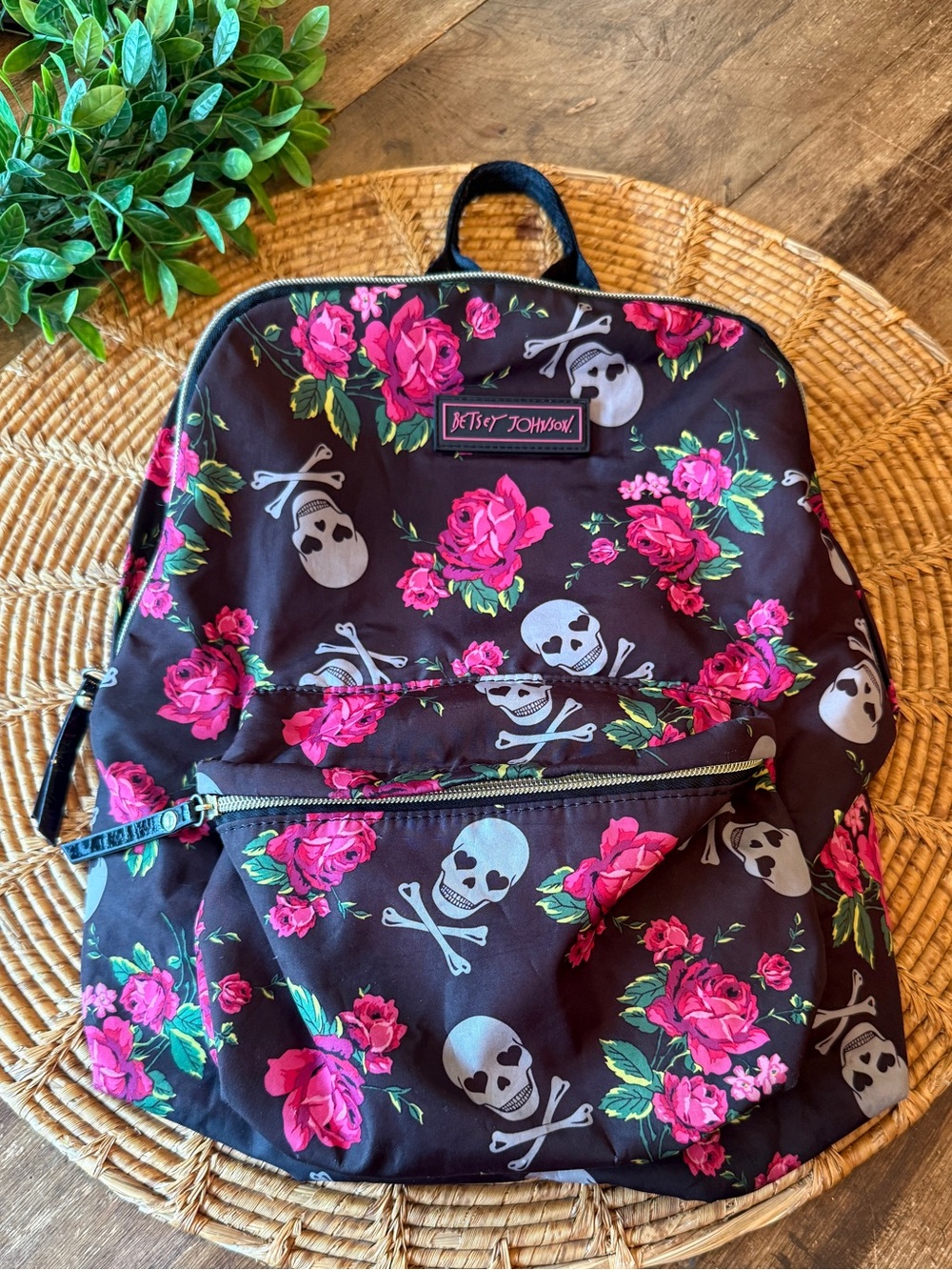 Betsey Johnson Black & Hot Pink Backpack with Roses & Skulls Pattern